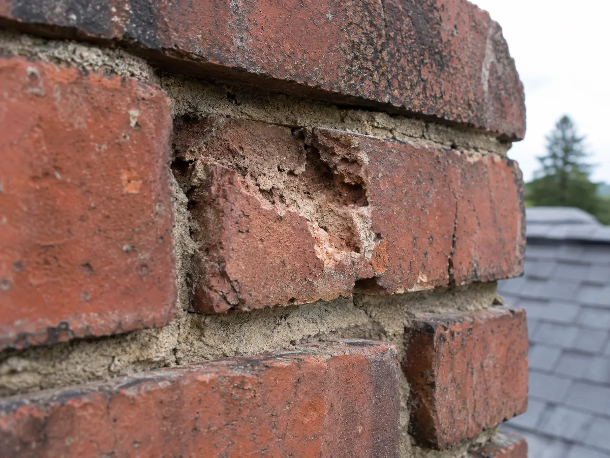 Close view of spalled brick faces and receded mortar joints on a chimney