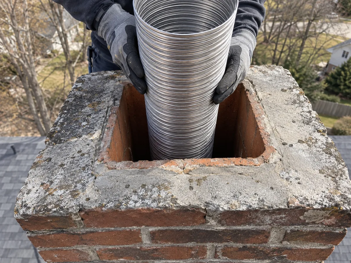 Correctly sized stainless liner held at the opening of a much larger masonry flue