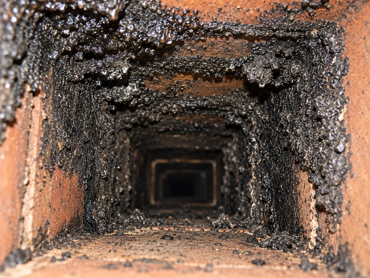 Creosote deposits coating the clay tile lining inside a residential chimney flue