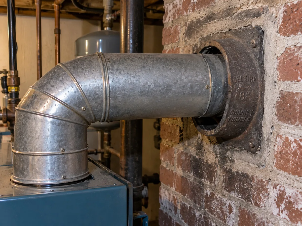 Furnace vent connector entering a masonry chimney thimble in a basement