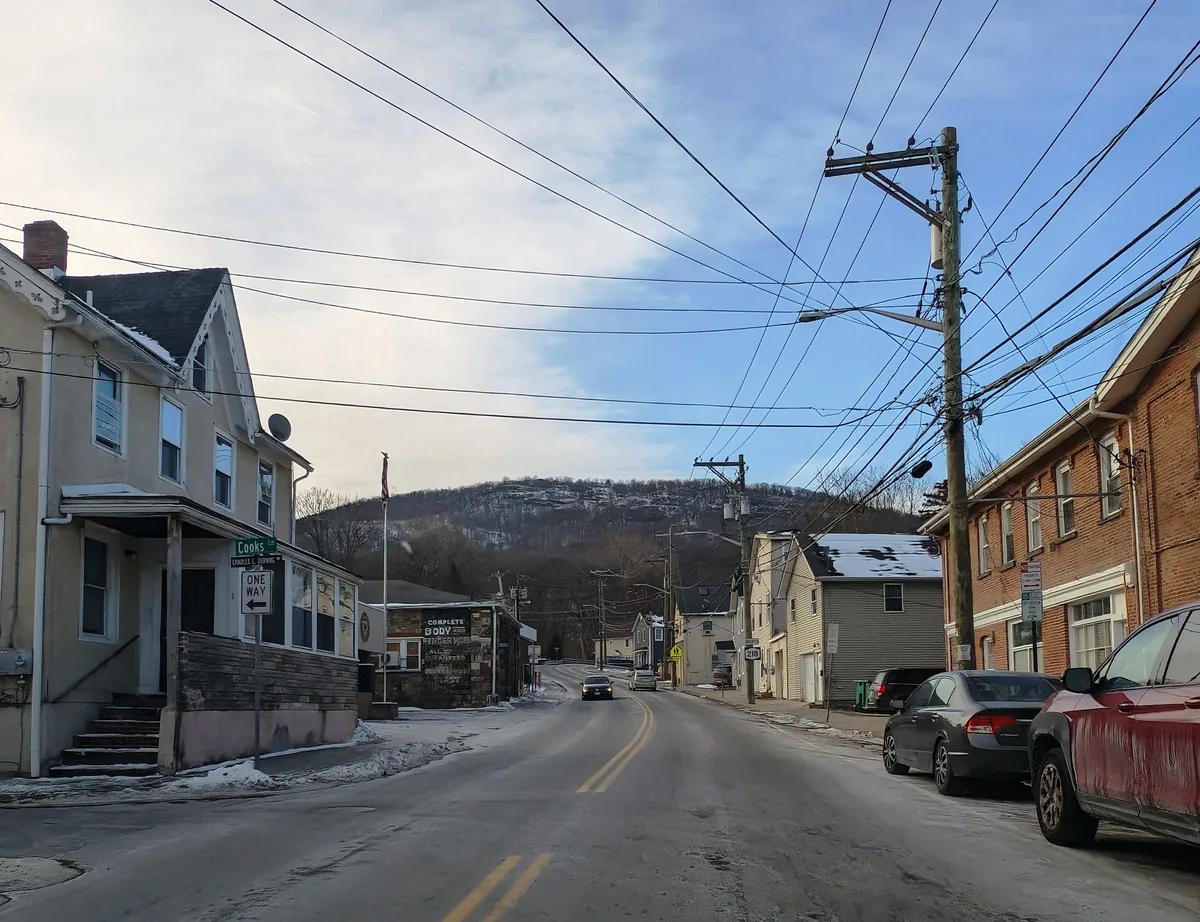 Houses along Mountain Avenue in winter in Highland Falls, New York