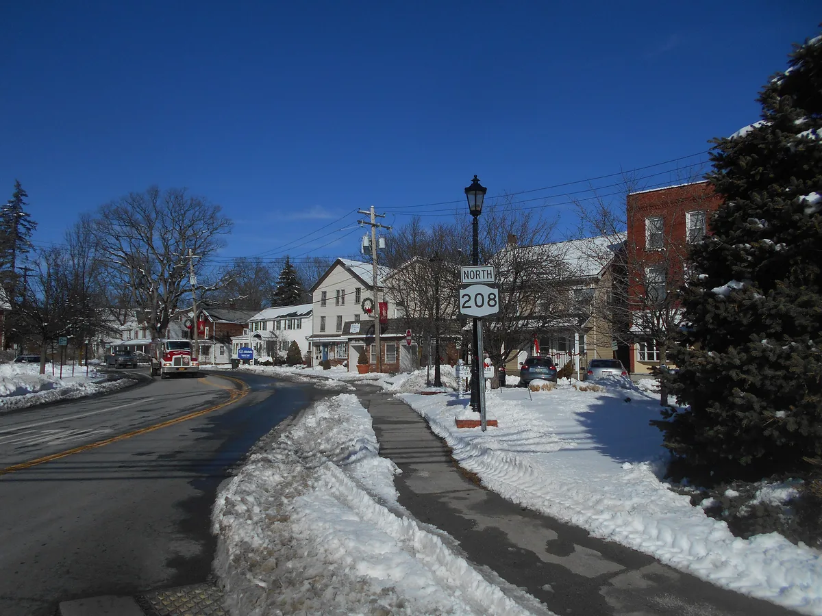 Houses along Route 208 in snow in Washingtonville, New York