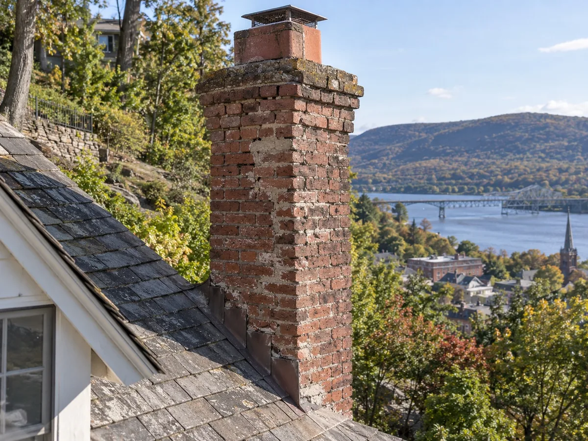 Older brick chimney on a steep roof on a hillside property