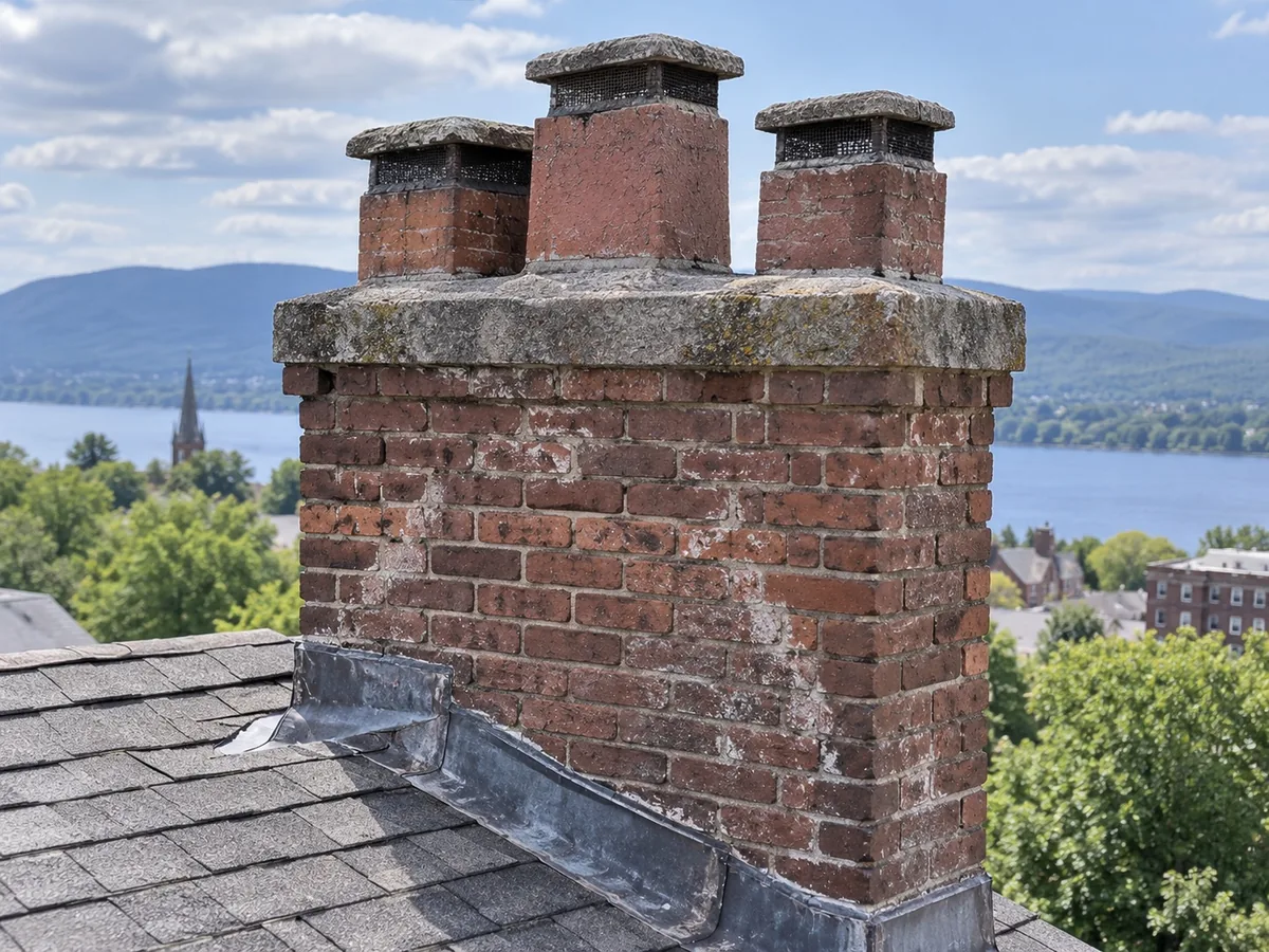 Tall nineteenth-century brick chimney stack with multiple separate flues
