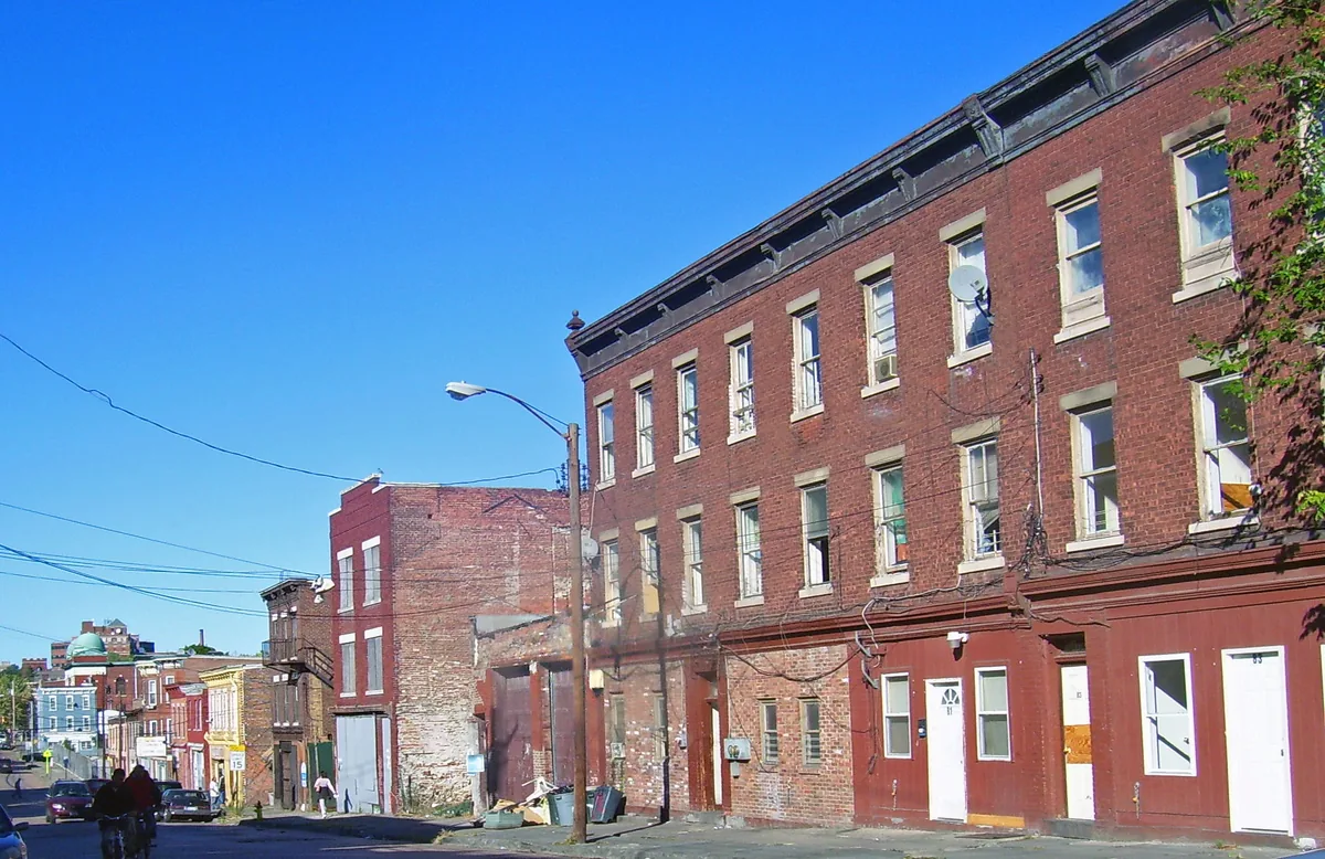 Three-storey brick row buildings on William Street in Newburgh, New York