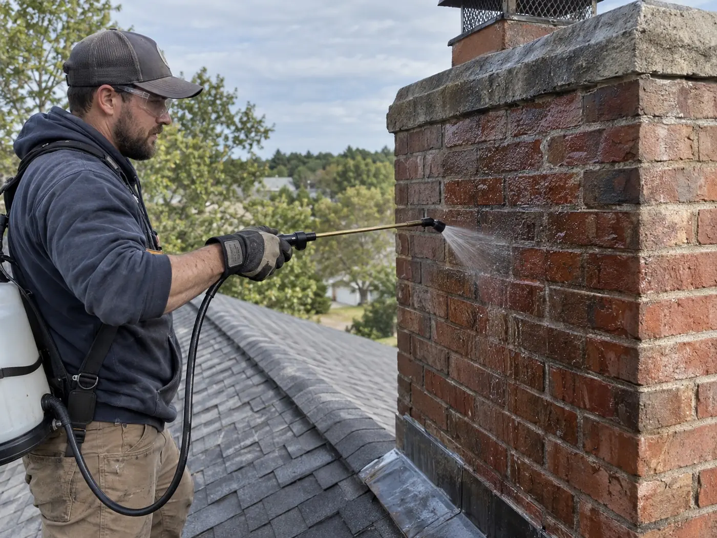Vapour-permeable water repellent being sprayed onto brick chimney masonry