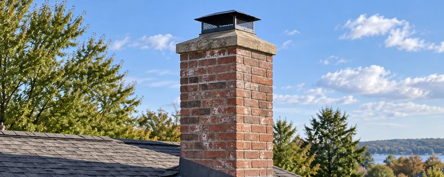 Masonry chimney projecting above a residential roofline fully exposed to weather on all sides