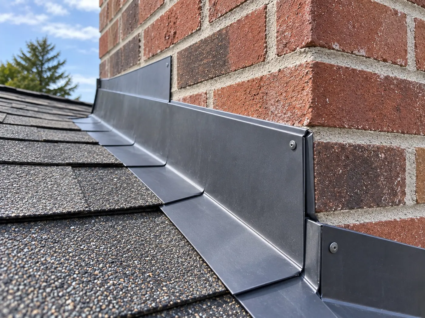 Counter-flashing set into a cut mortar joint over step flashing at a chimney base