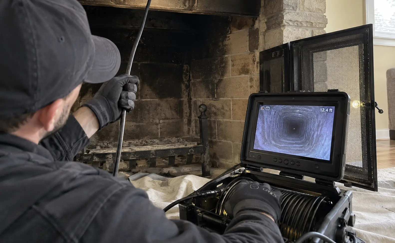 Chimney inspection camera being fed into a flue with the live view shown on the monitor
