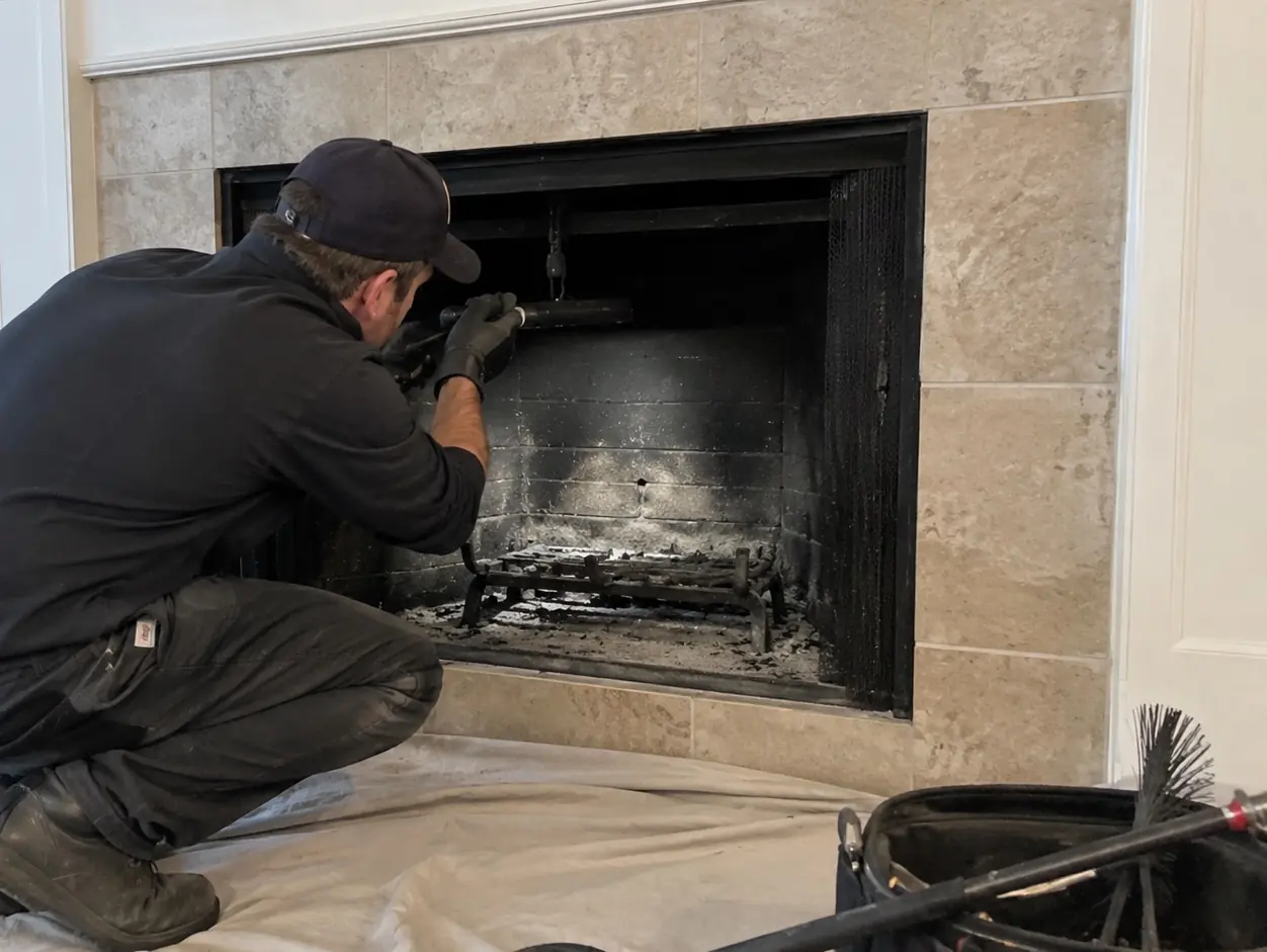 Chimney technician inspecting the damper and smoke chamber of a residential fireplace