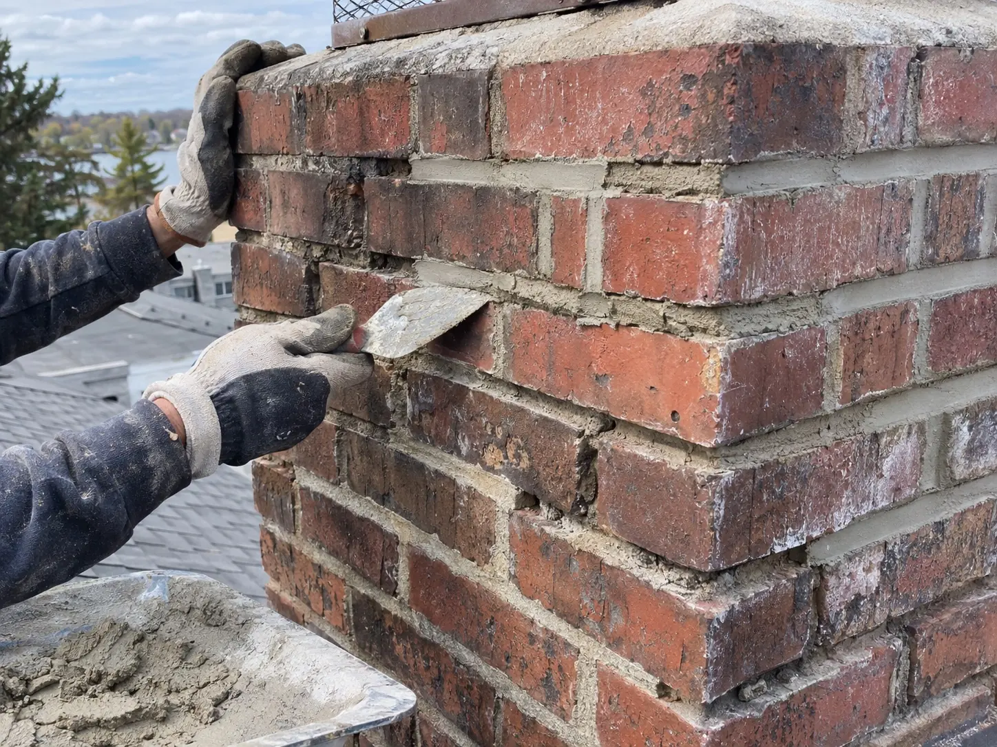 Technician repointing raked-out mortar joints on a brick chimney with a pointing trowel