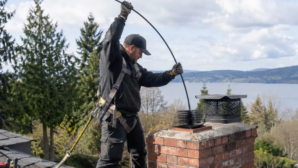 Chimney technician sweeping a brick chimney flue from the roof of a residential home