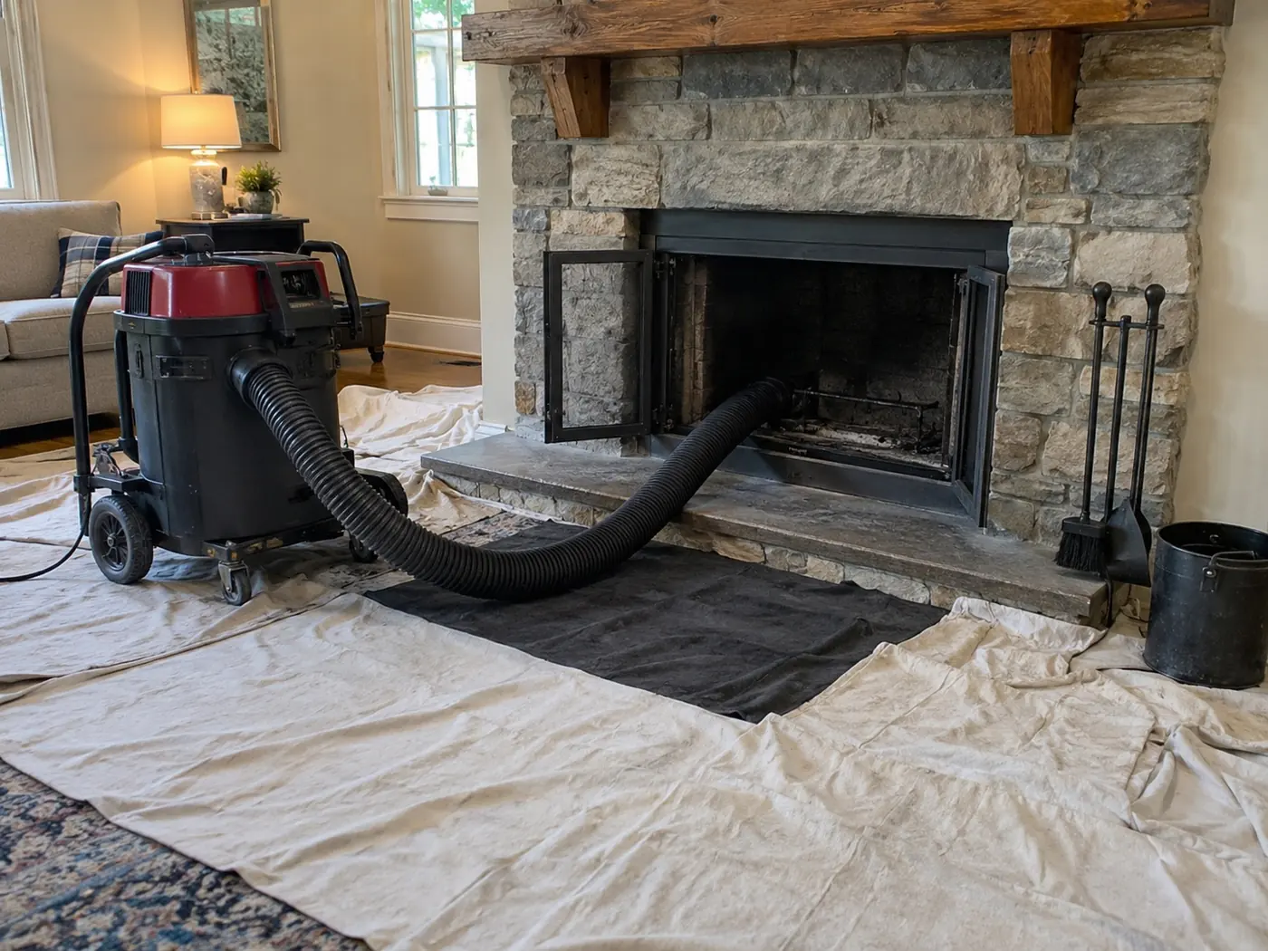 Fireplace sealed to a vacuum with drop cloths down during a chimney sweeping