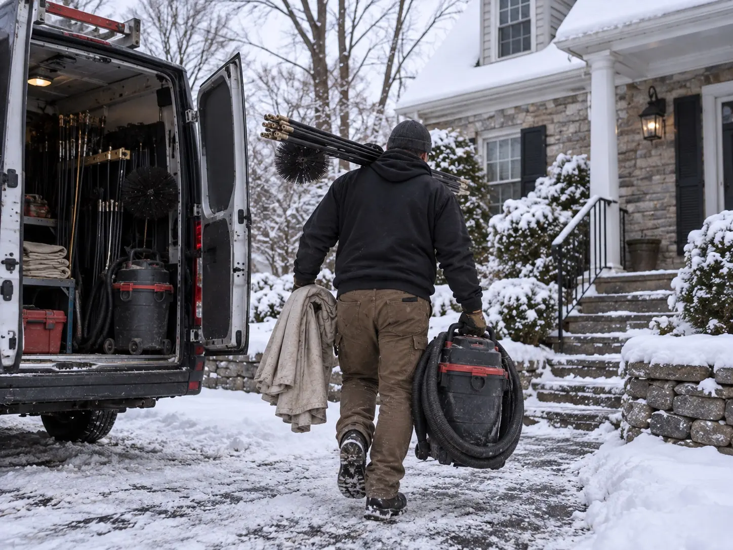 Chimney technician unloading sweeping and inspection equipment at a house