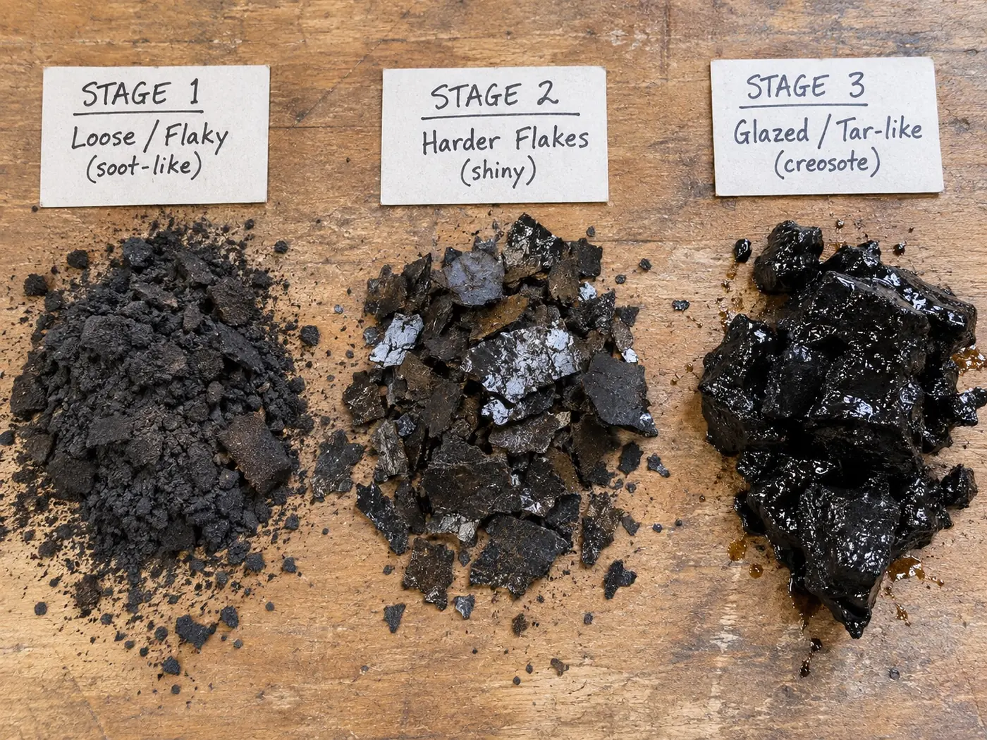 Three stages of creosote compared: flaky soot, hard shiny flakes and glazed tar-like deposit