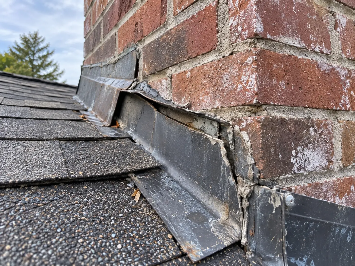Failed chimney flashing with cracked sealant where the chimney meets the roof