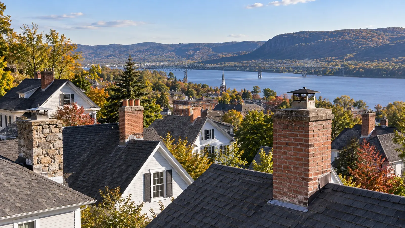 Residential rooftops with masonry chimneys across a neighbourhood