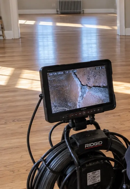 Level 2 chimney camera inspection in an empty house with a flue defect shown on the monitor