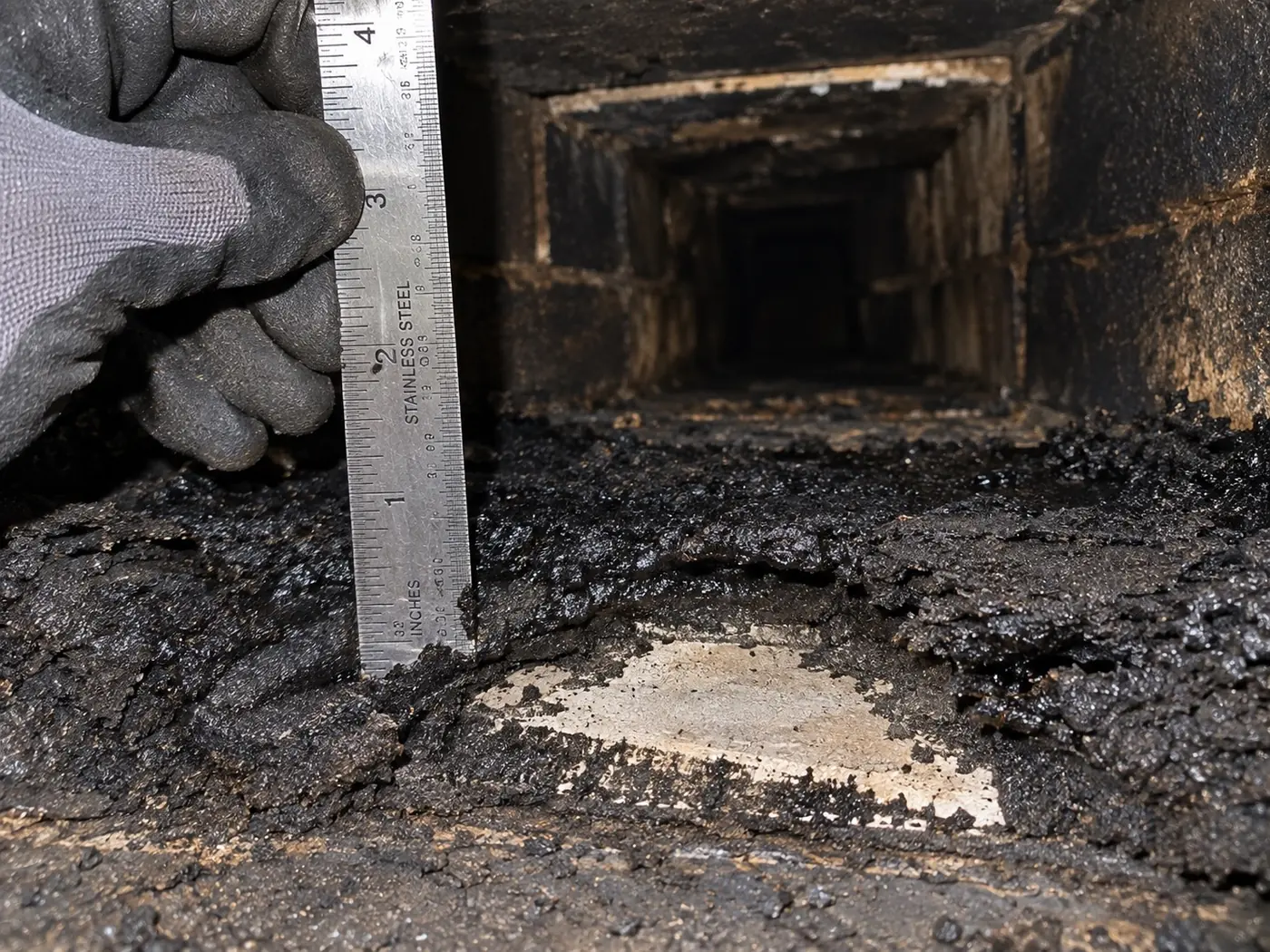 Checking creosote deposit depth on a flue wall with a scale reference above the damper