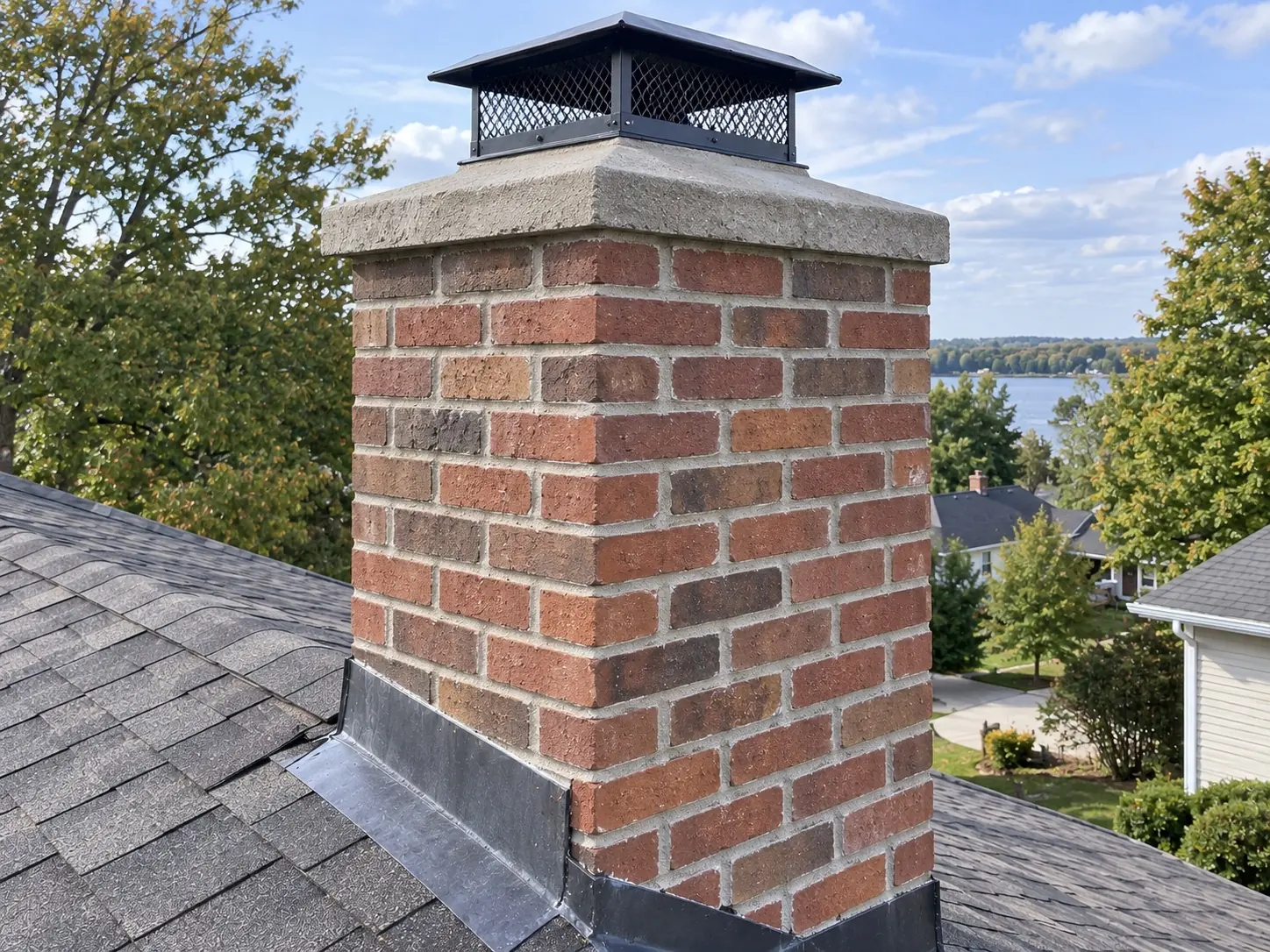 Brick chimney with sound mortar joints and an intact crown and cap after repointing
